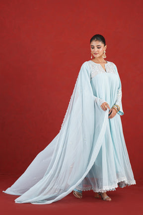 Aasma blue flared kurta set with flowing dupatta