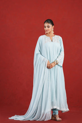 Aasma blue hand embroidered kurta set full front look
