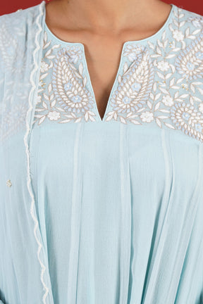 Aasma blue hand embroidered neckline close up