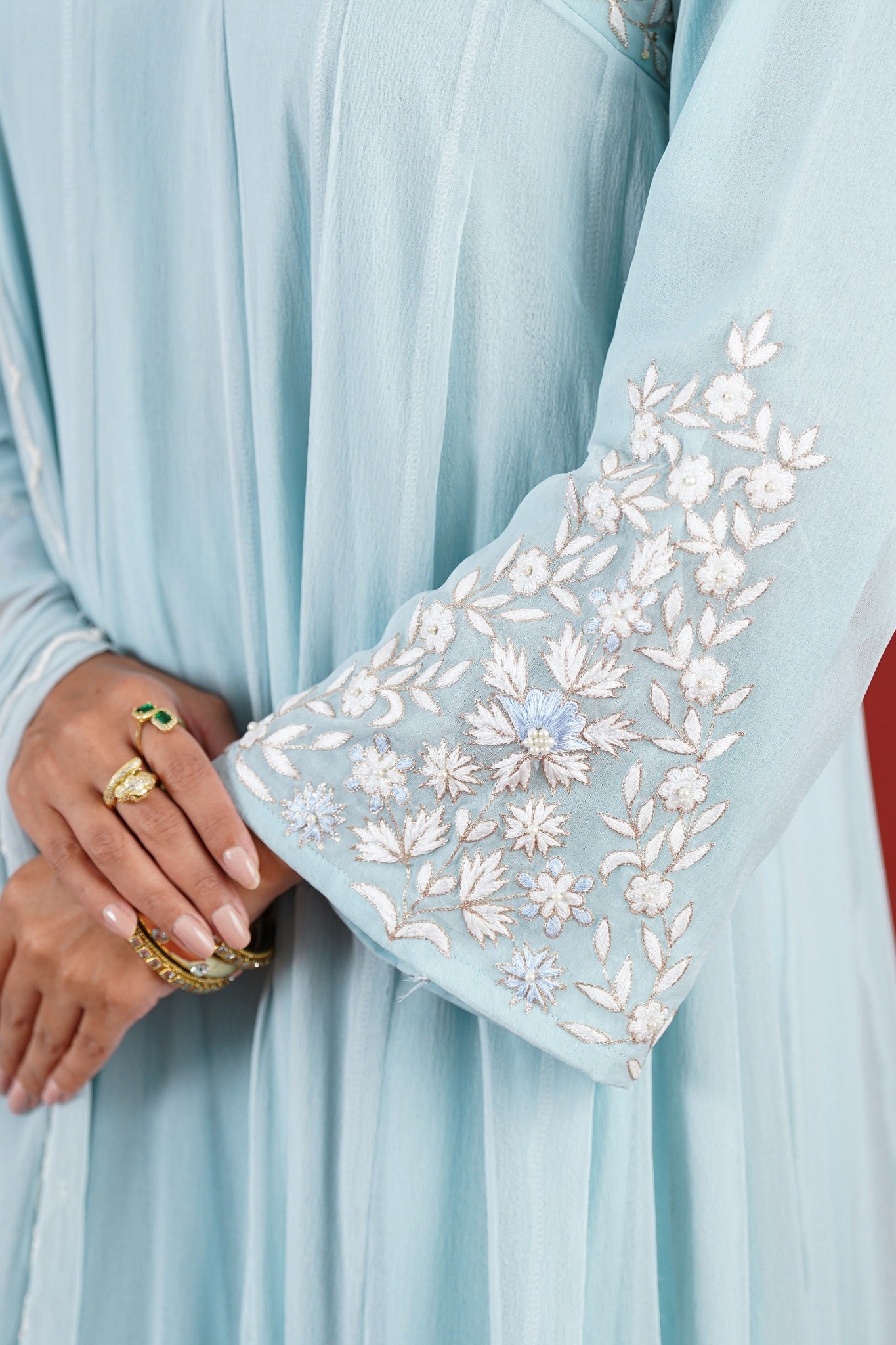 Aasma blue floral hand embroidered sleeve detail
