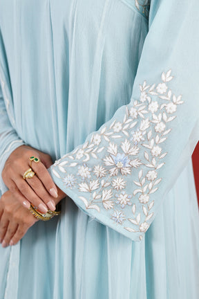 Aasma blue floral hand embroidered sleeve detail