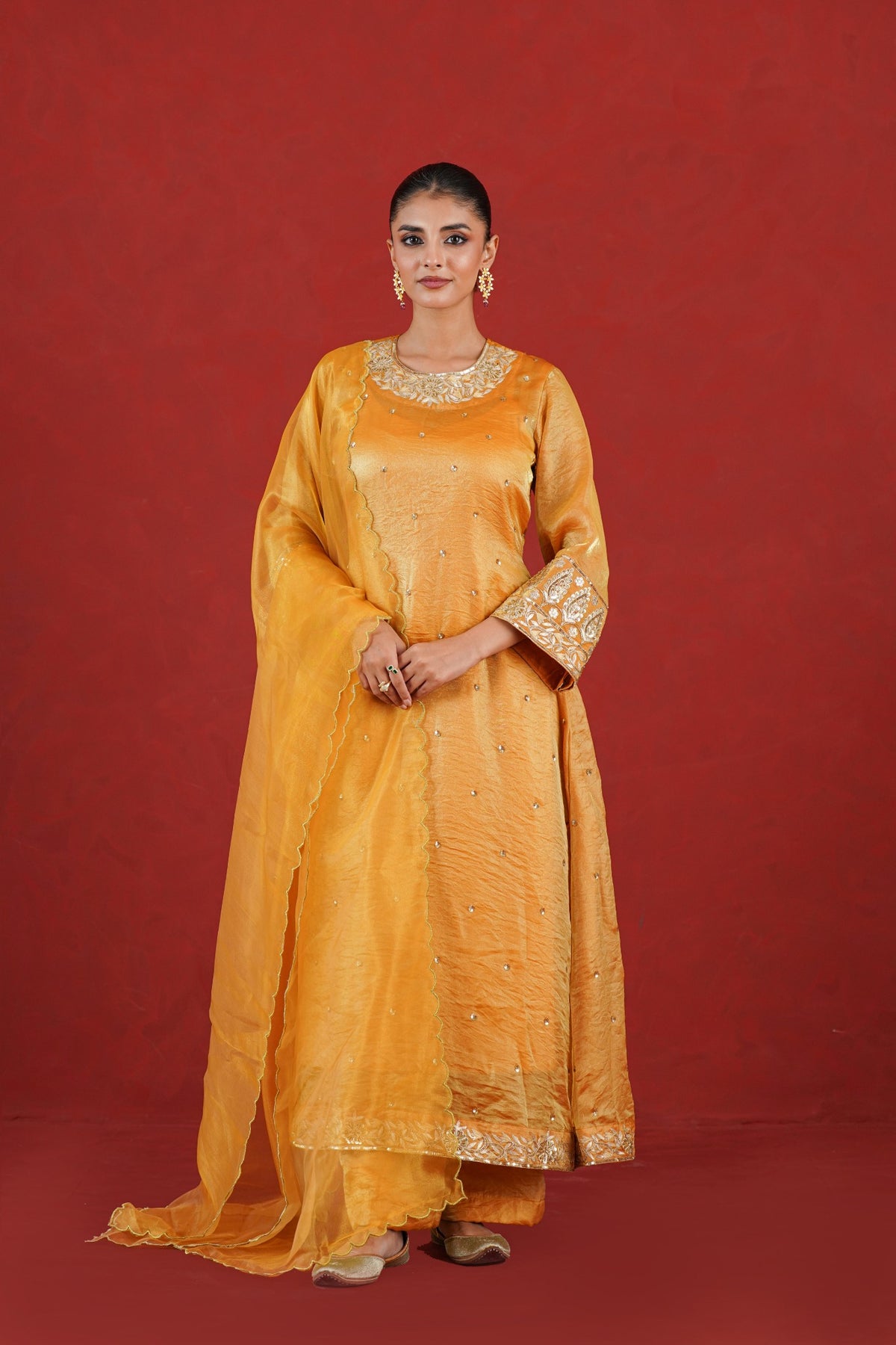 Zareen golden hand embroidered A-line kurta set front view