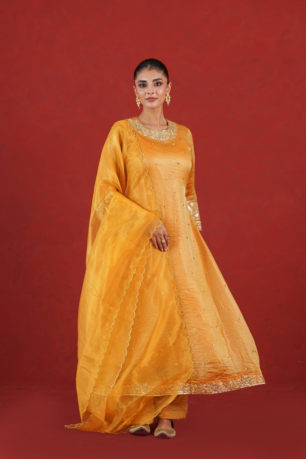 Zareen golden A-line kurta set with organza dupatta full view