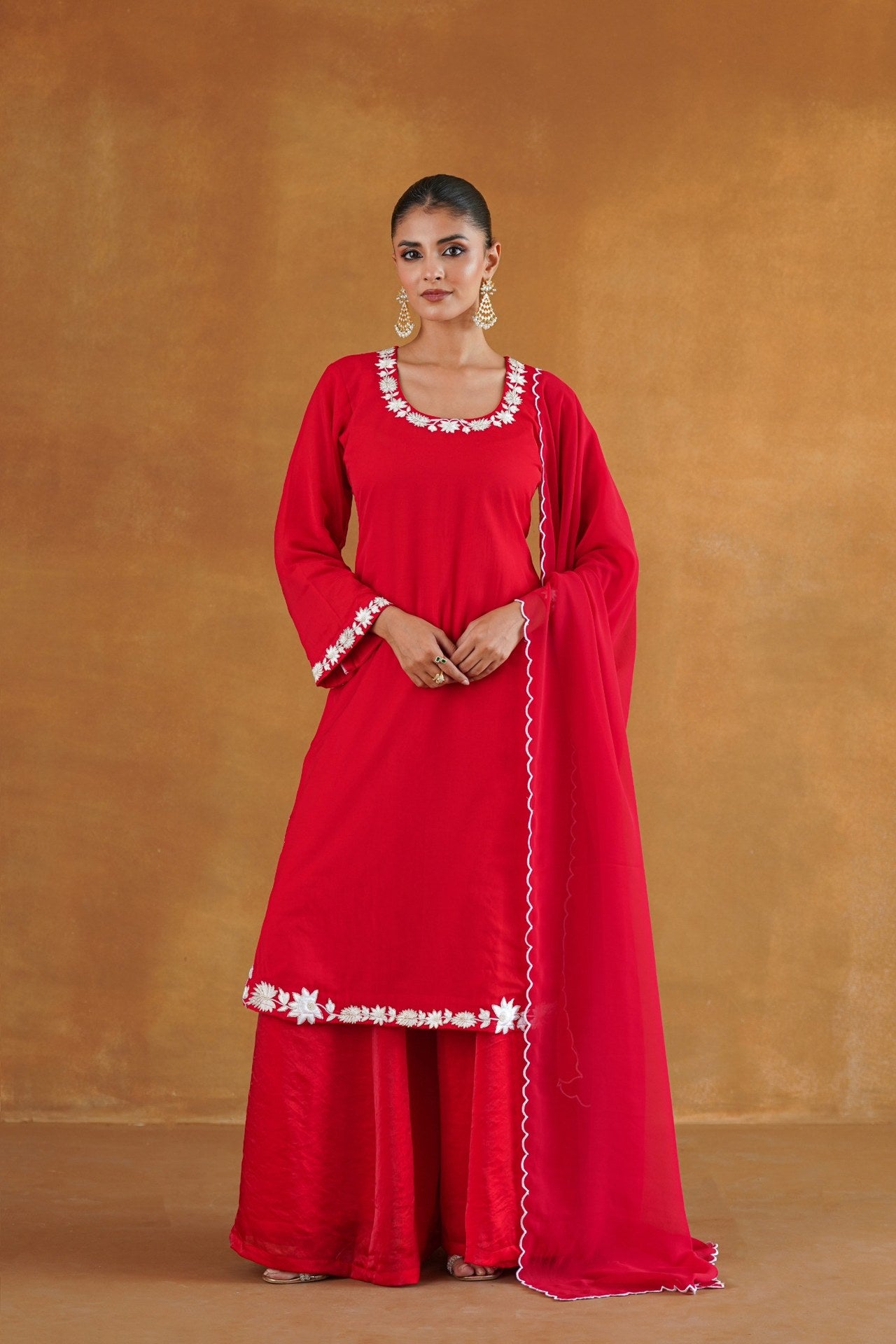 Gulnaar red embroidered kurta set full look