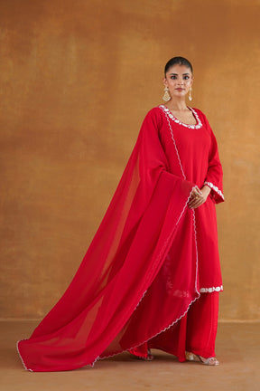 Gulnaar red kurta set embroidery and dupatta detail