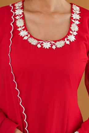 Gulnaar red kurta set close-up embroidery detail