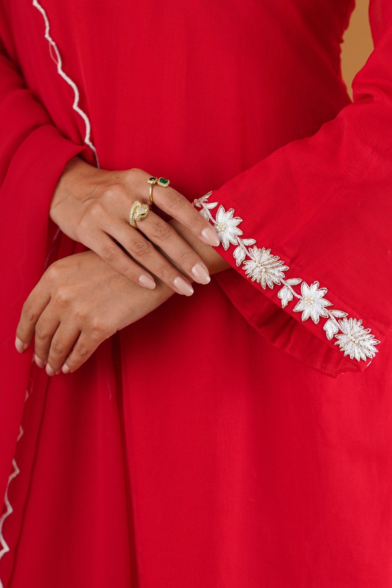 Gulnaar red embroidered kurta set back view