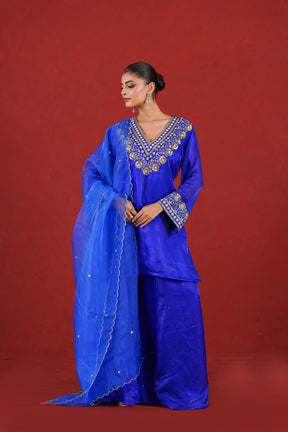 Meher royal blue hand embroidered palazzo kurta set front view