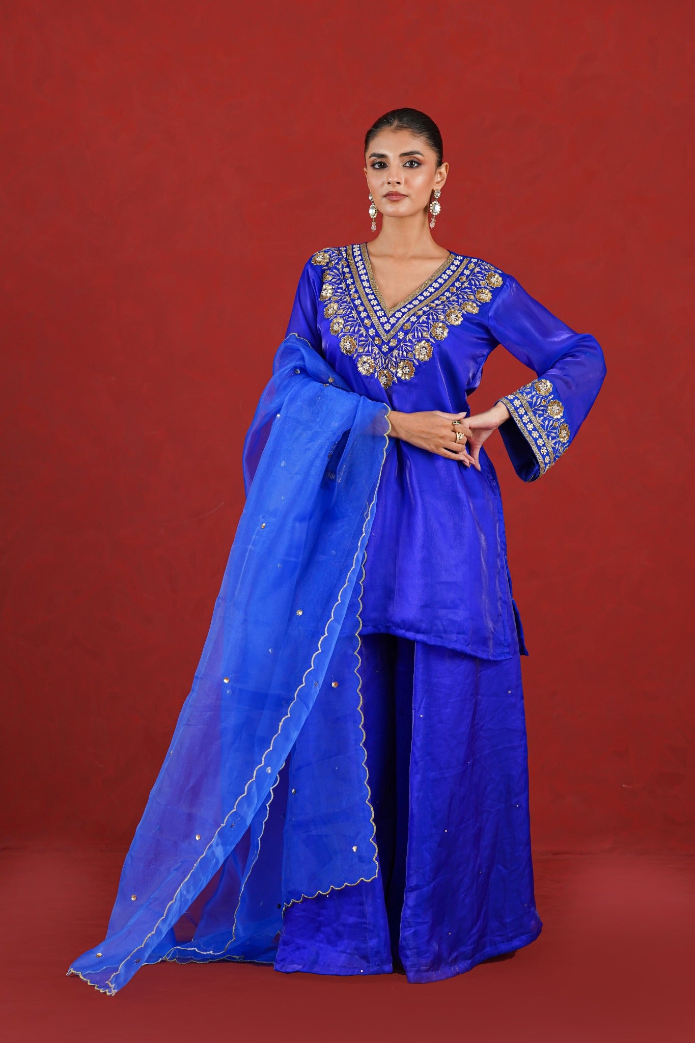Meher royal blue embroidered kurta set full look