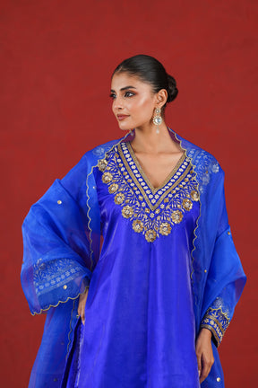 Meher royal blue hand embroidered kurta neckline detail