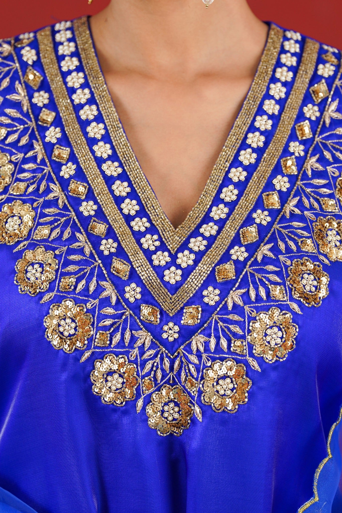 Meher royal blue kurta floral hand embroidery close up