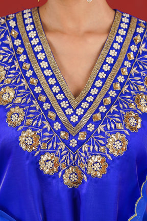 Meher royal blue kurta floral hand embroidery close up