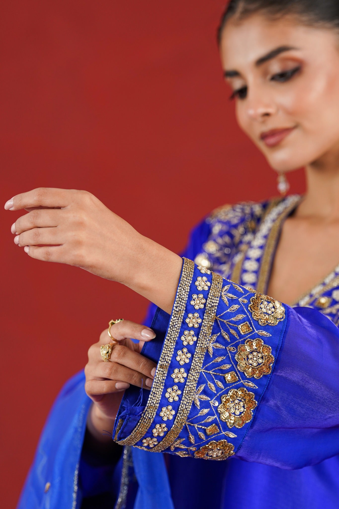Meher royal blue kurta hand embroidered sleeve cuff detail