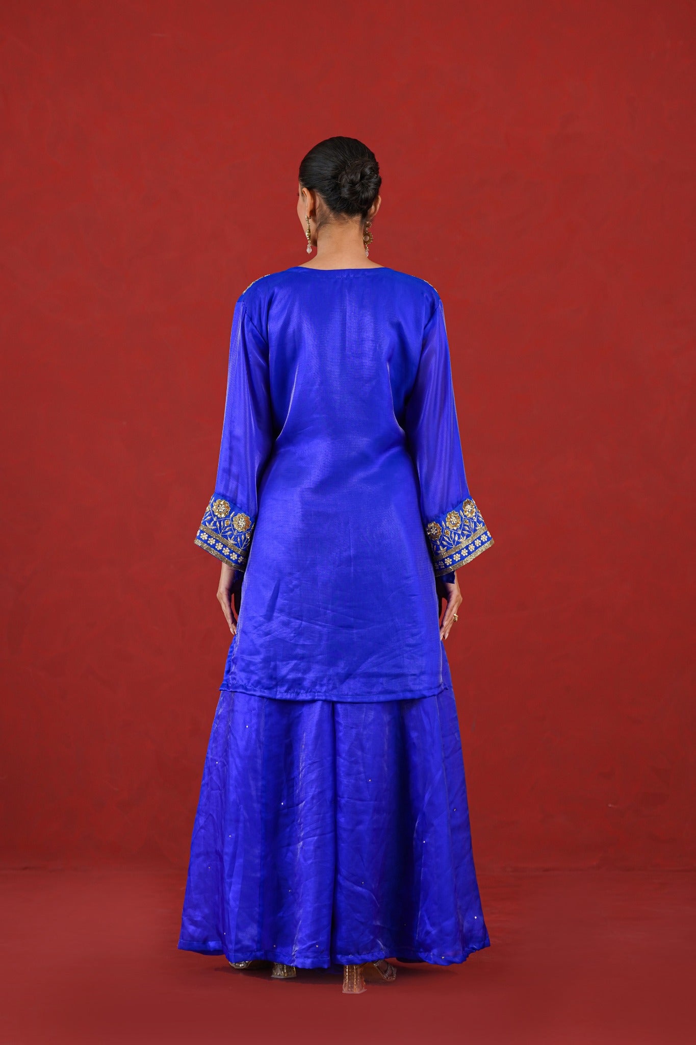 Meher royal blue hand embroidered palazzo kurta set back view