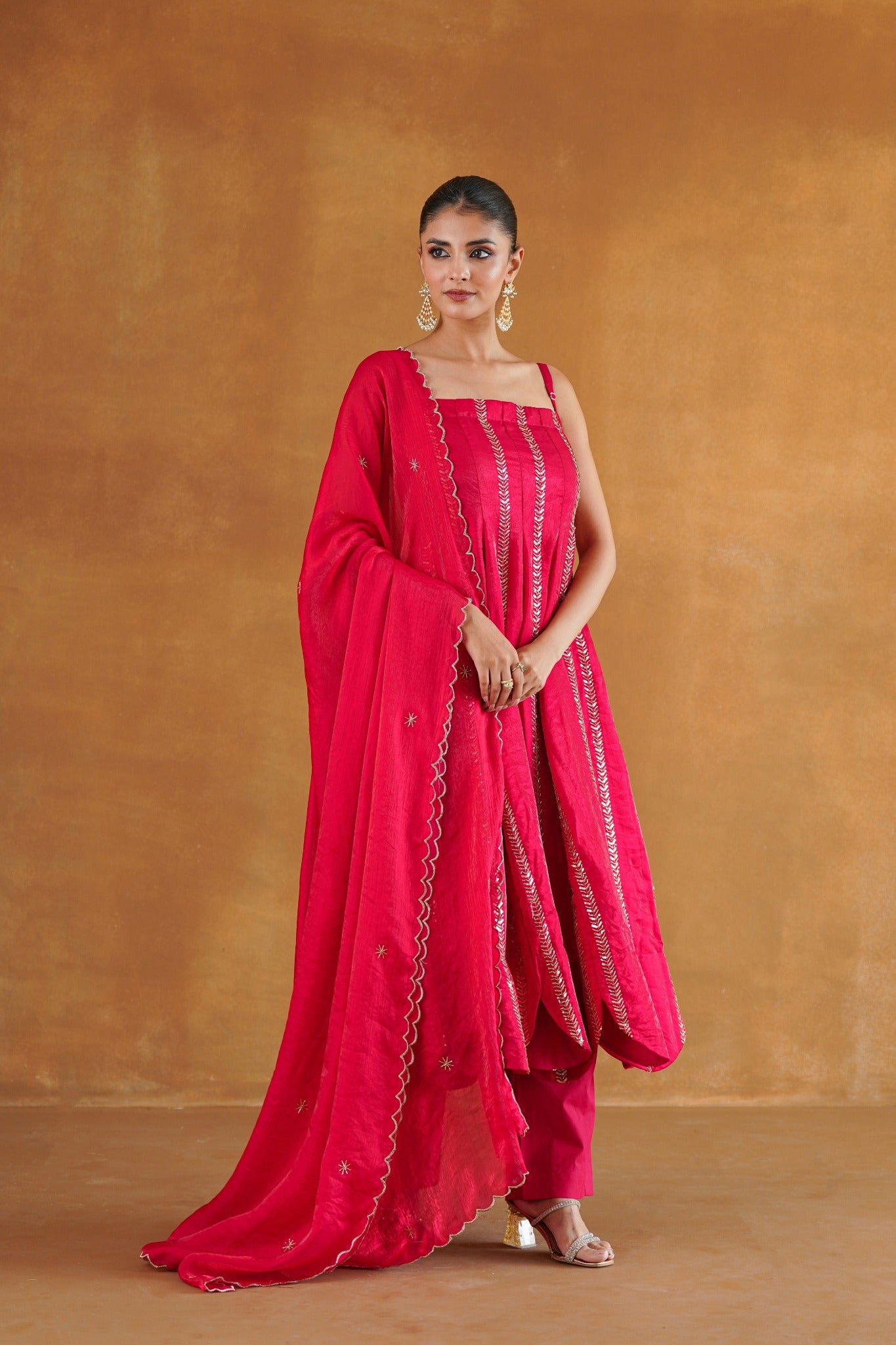 Naaz red kalidar kurta set styled with dupatta