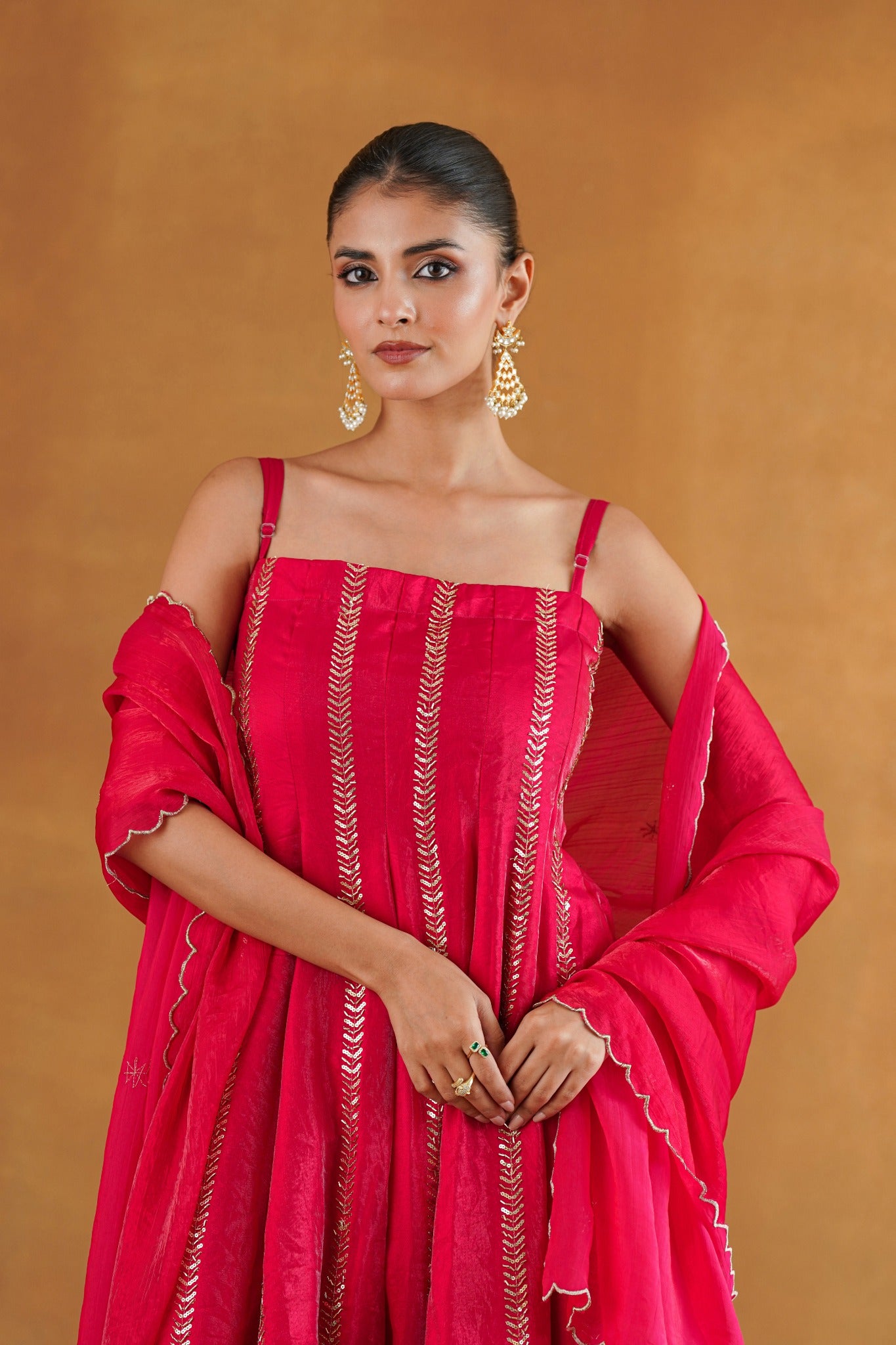 Naaz red kalidar kurta set upper body detail