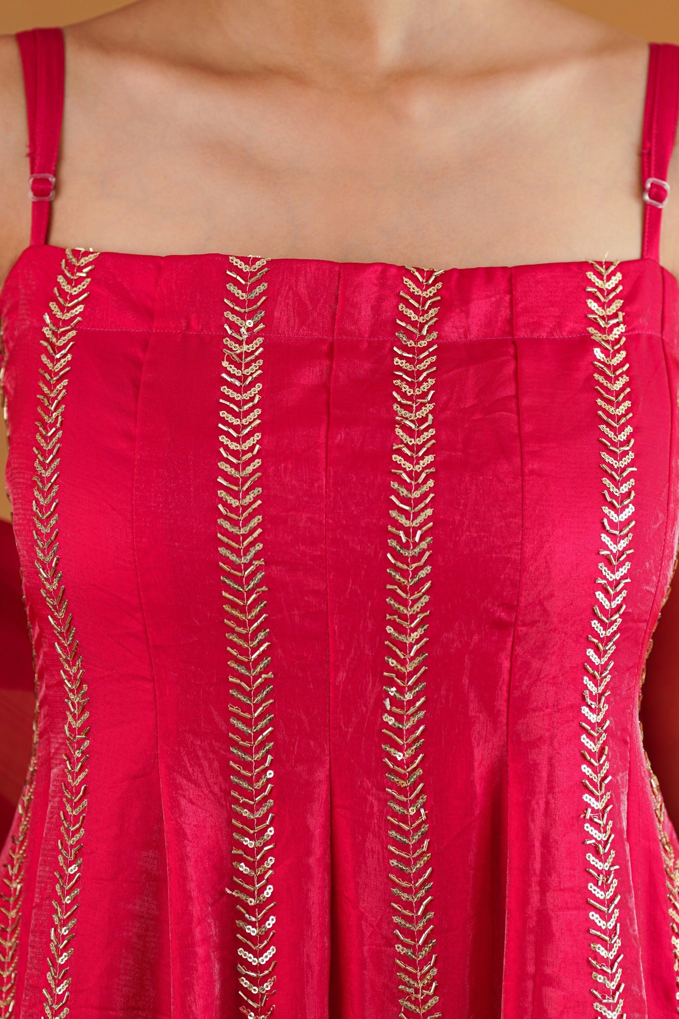 Naaz red kalidar kurta gold vertical embroidery close-up