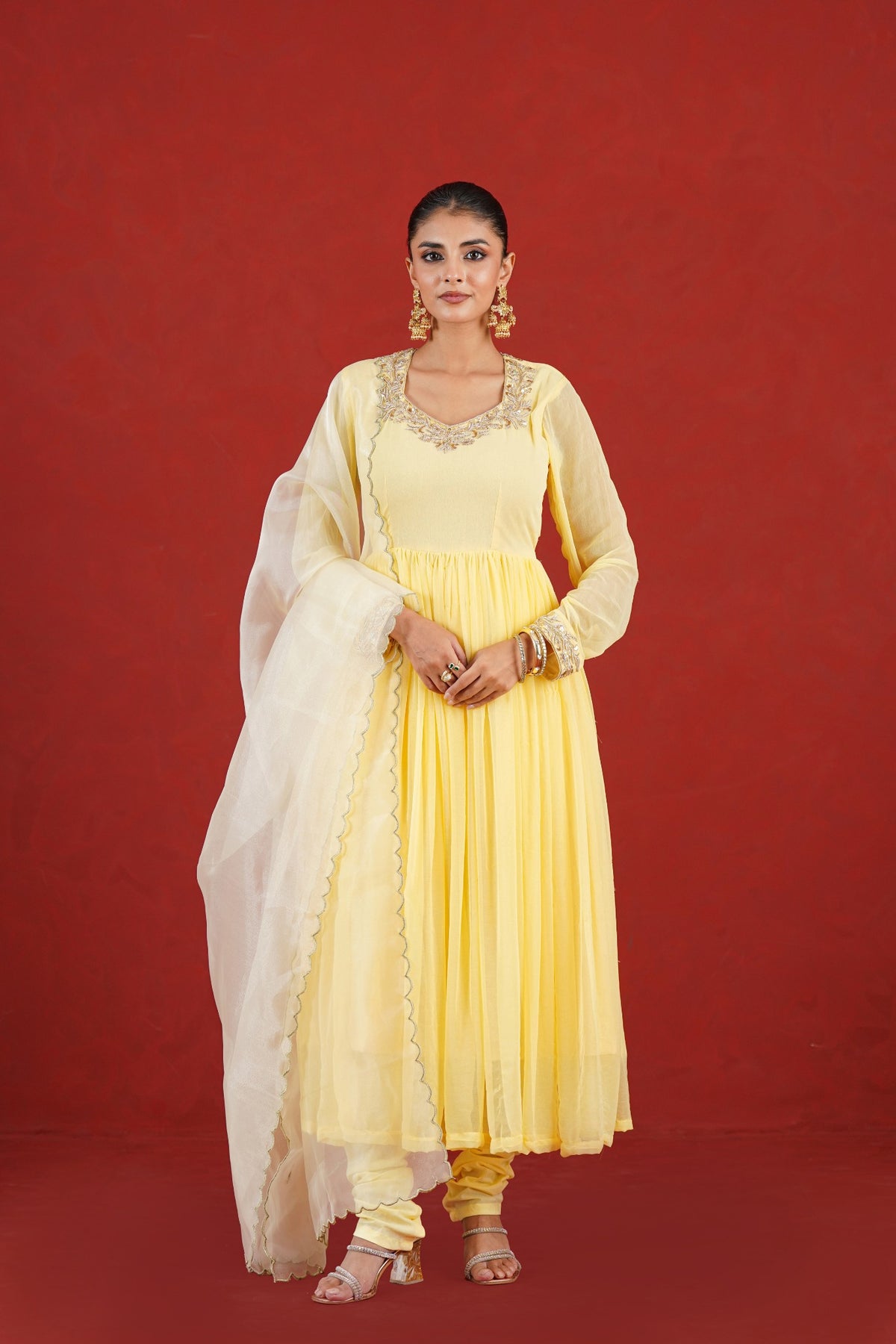 Noor yellow hand embroidered flared kurta set front view