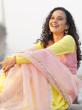 AAINA YELLOW SUIT SET WITH PINK EMBROIDERED CROP JACKET