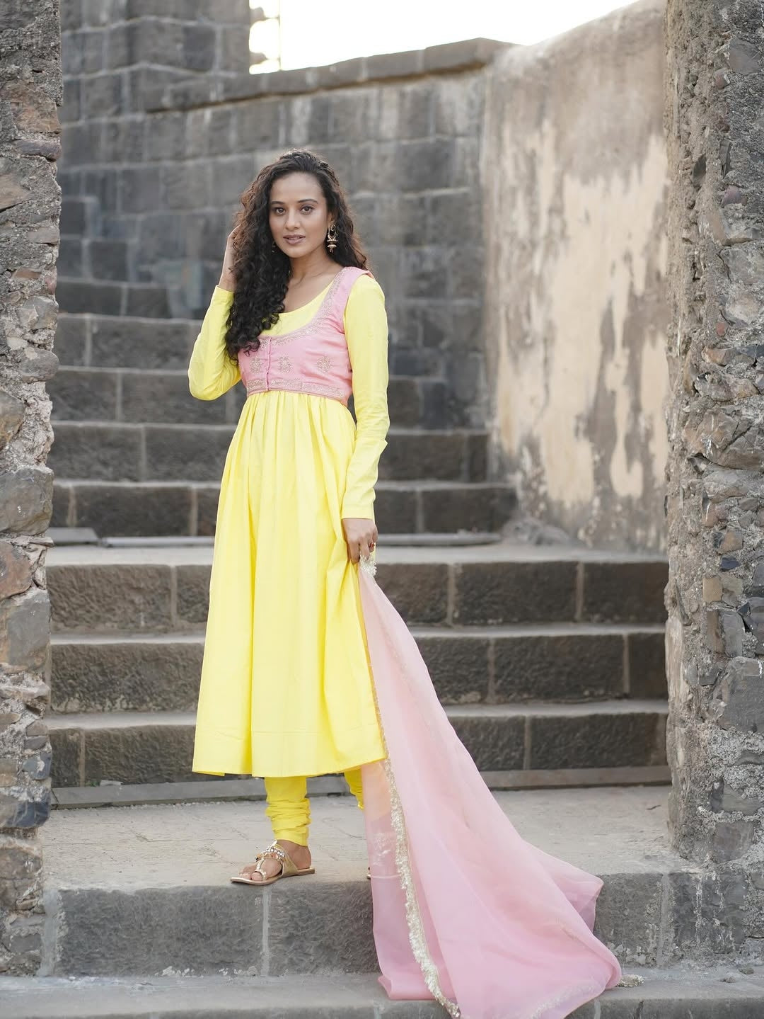 AAINA YELLOW SUIT SET WITH PINK EMBROIDERED CROP JACKET