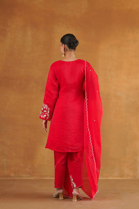 Zarveen red hand embroidered salwar kurta set back view