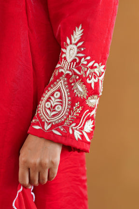 Zarveen red kurta hand embroidered sleeve cuff detail