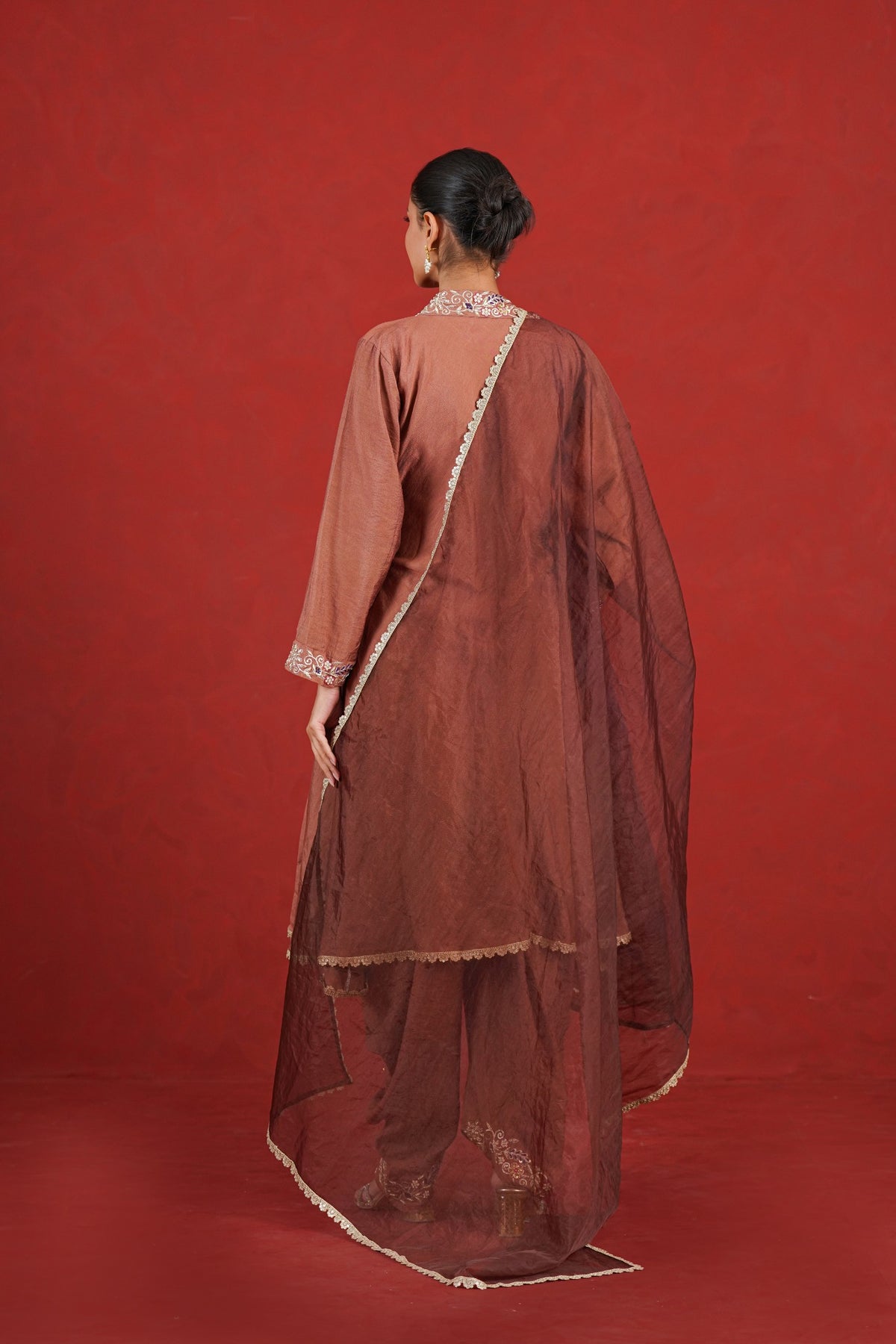 Zehra brown hand embroidered Chanderi dhoti kurta set back view