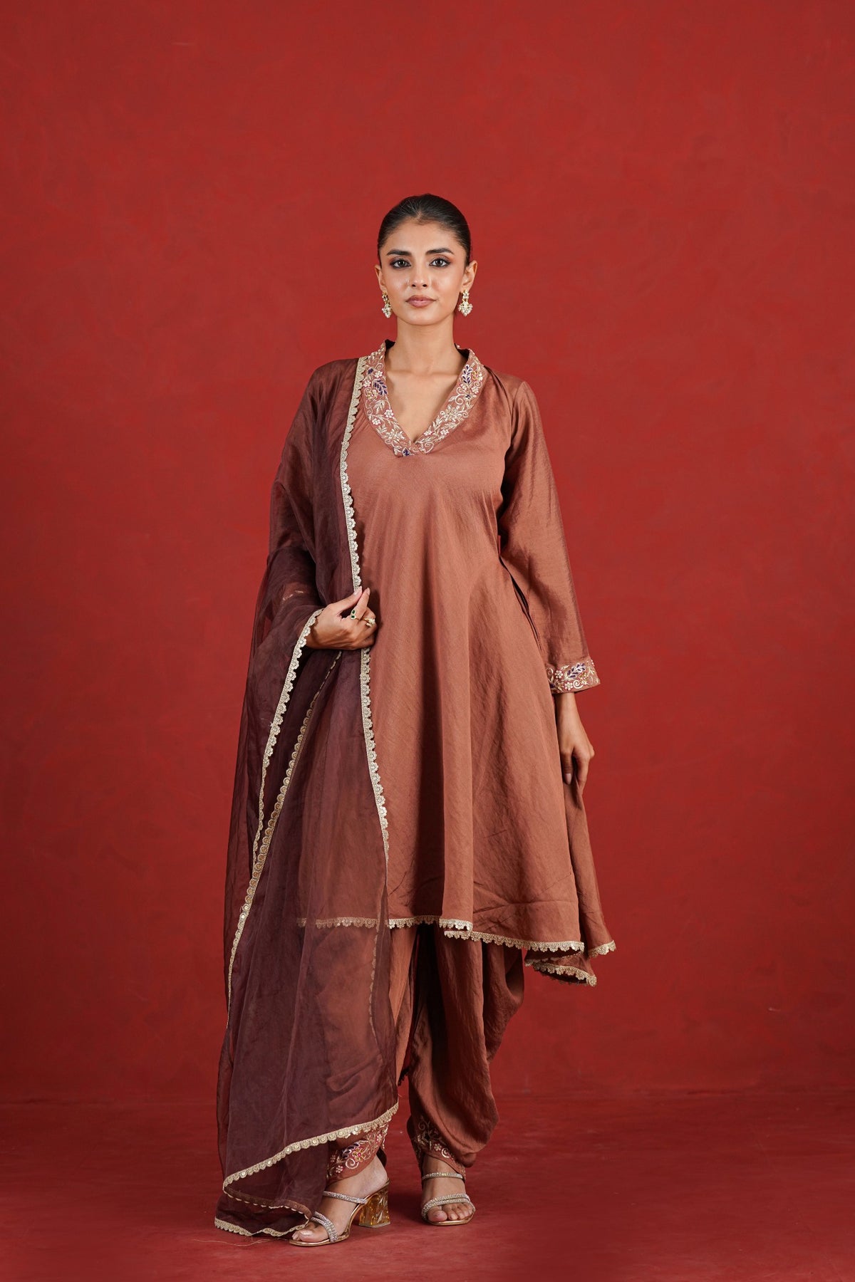 Zehra brown hand embroidered Chanderi dhoti kurta set front view