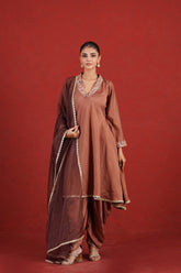 Zehra brown hand embroidered Chanderi dhoti kurta set front view