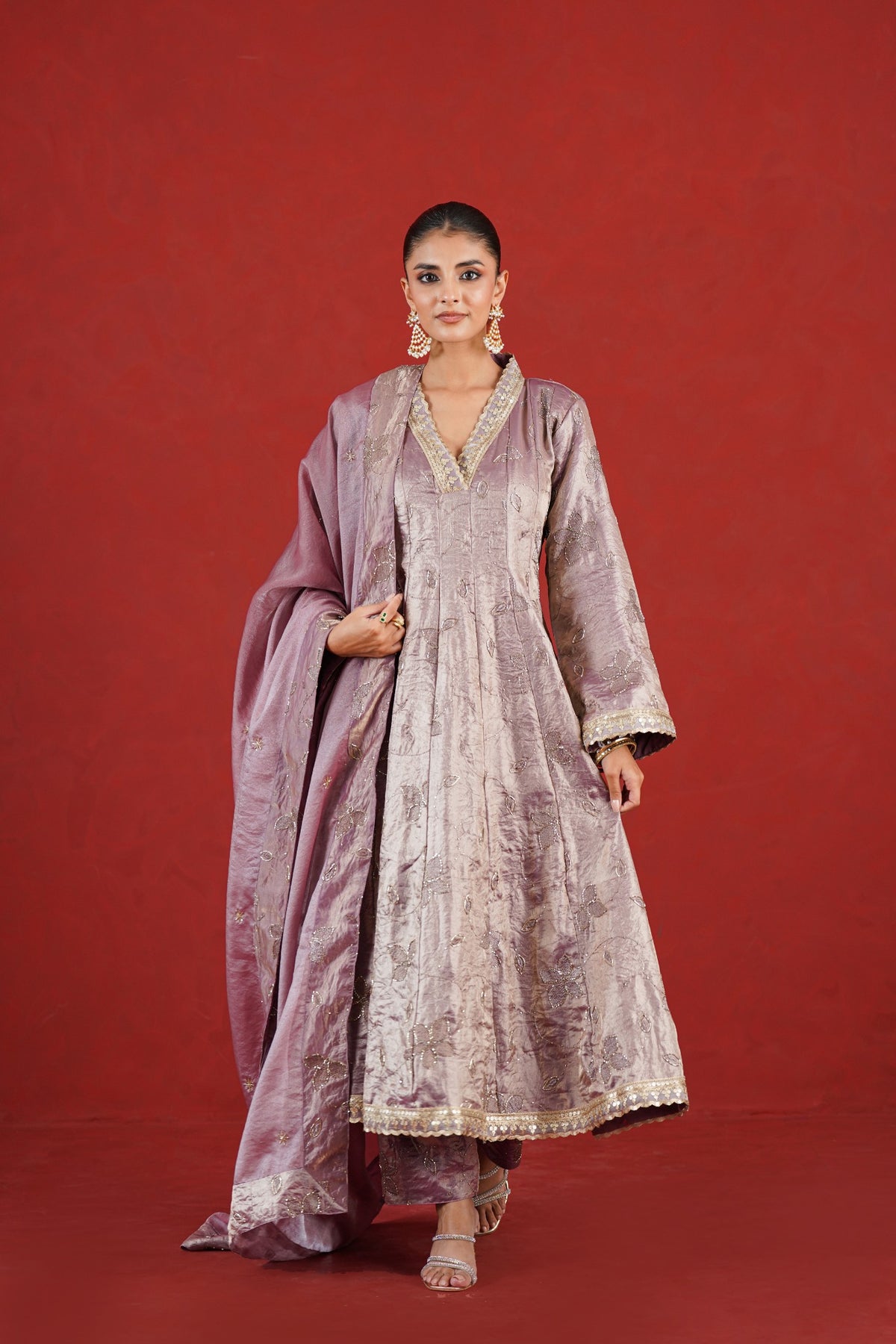 Ziya light purple embroidered kalidar kurta set front view