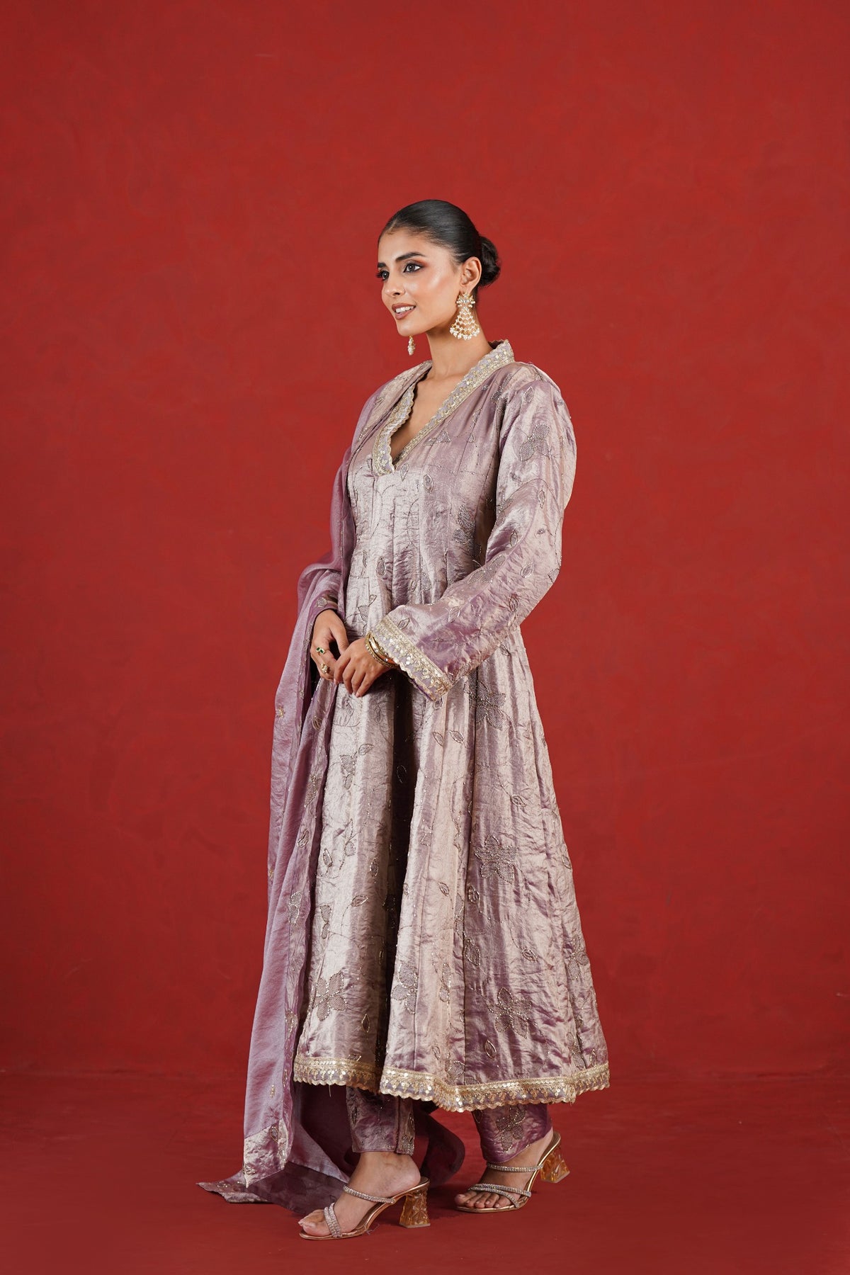 Ziya light purple embroidered kalidar kurta set angled view