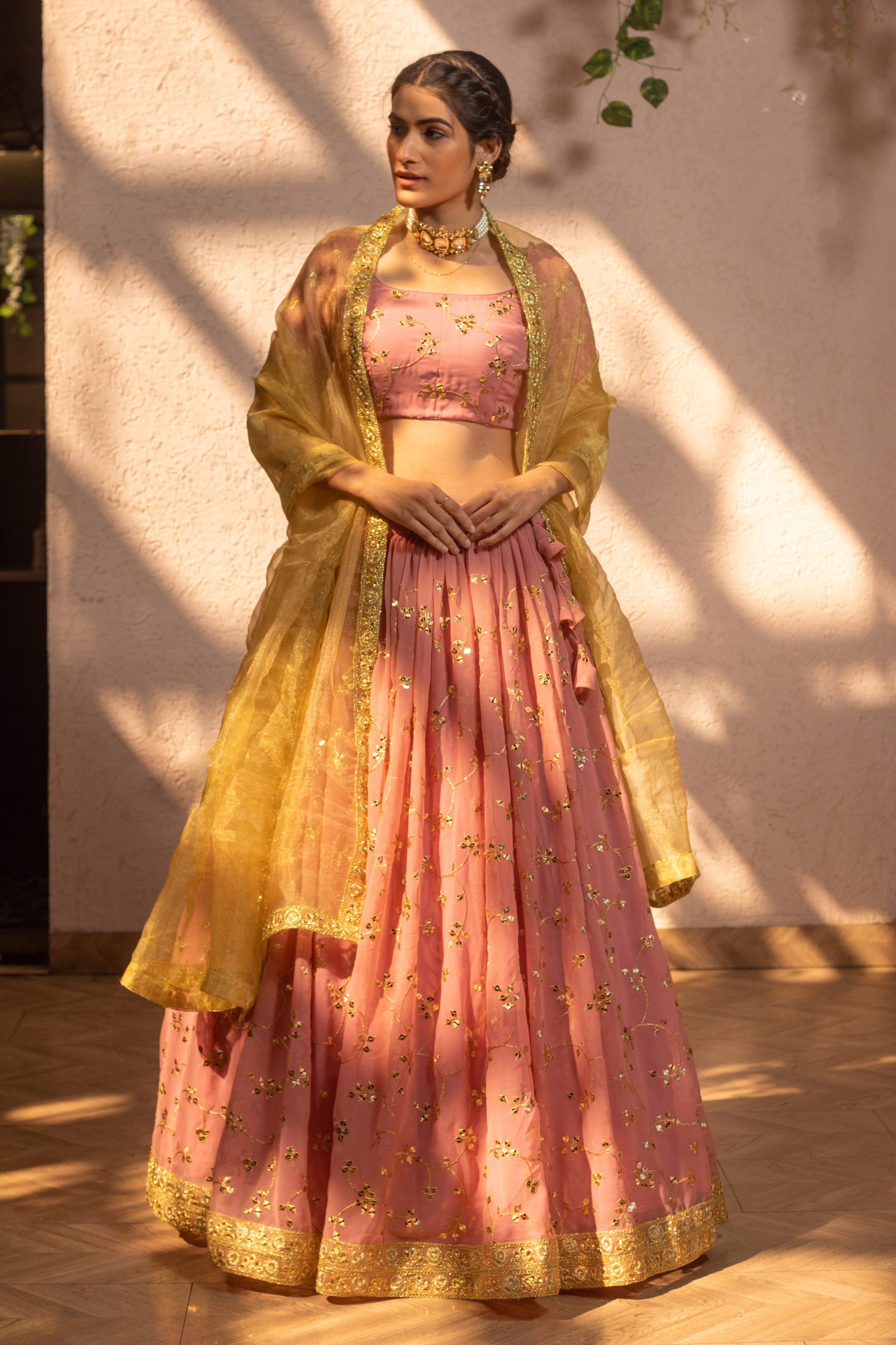 Buy Peach Net and Silk Embroidered Lehenga Online in USA with Dupatta –  Pure Elegance