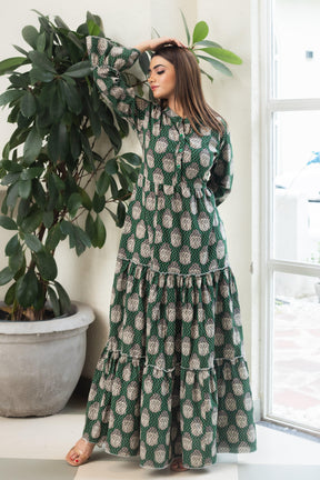 BUDDHA GREEN HANDBLOCK DRESS - Sarnya