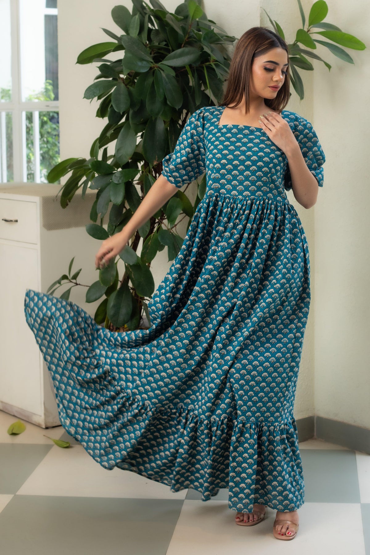 DARK LEAFY HANDBLOCK DRESS - Sarnya
