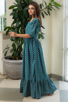 DARK LEAFY HANDBLOCK DRESS - Sarnya