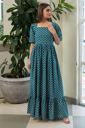 DARK LEAFY HANDBLOCK DRESS - Sarnya