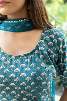 BLUE FLORAL HANDBLOCK SUIT SET - Sarnya